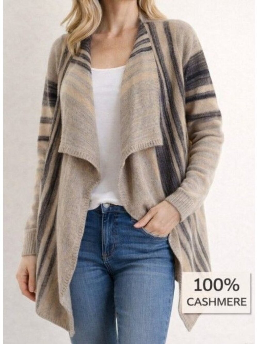 InCashmere Womens Cashmere Waterfall Cardigan Neutral Stripe Drape Cozy Neutral
